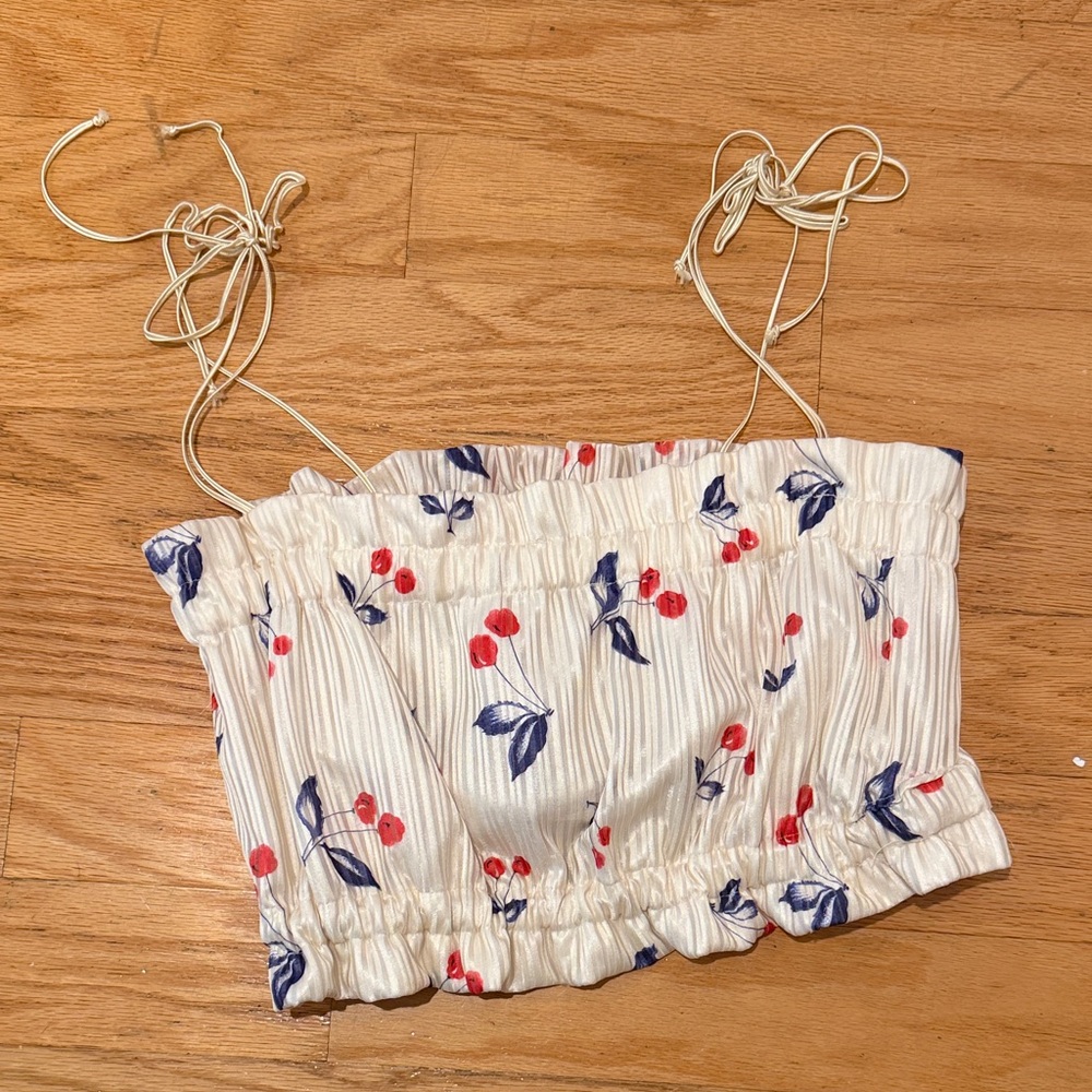 Cherry Print Cream Crop Top